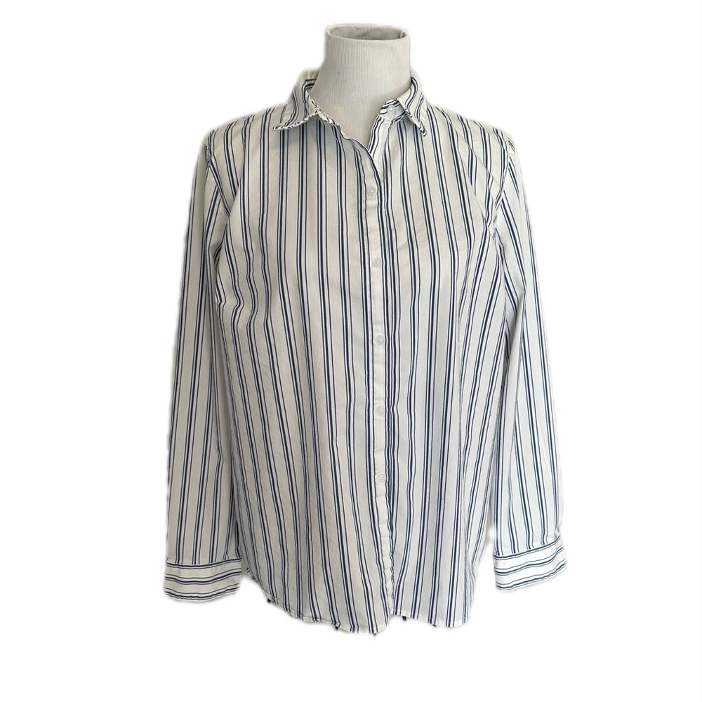Nine West White and Navy Striped Button-Down Shirt XL classic long sleeve cotton